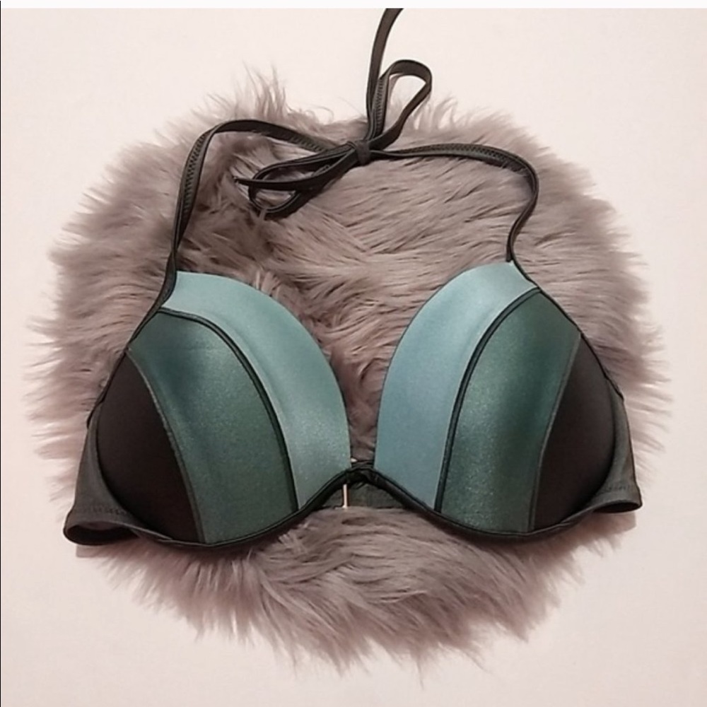 Shade & Shore Green Color Block Halter Bikini Top